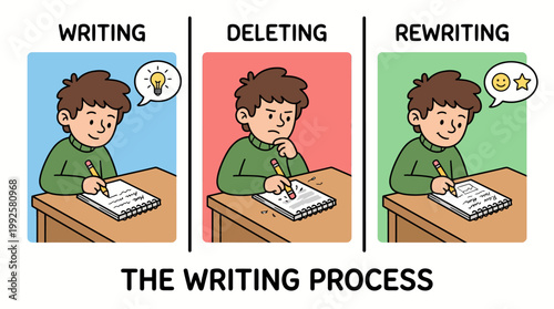 Concept of the creative writing process featuring three stages of writing deleting and rewriting for improvement