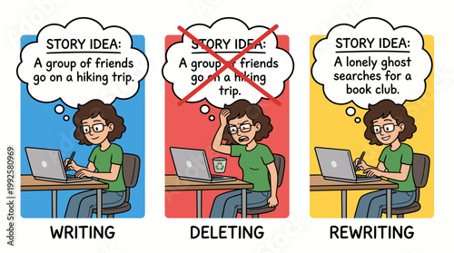 Creative writing process concept with a woman brainstorming deleting a cliché story idea and rewriting a unique concept