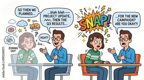 Illustration of a woman zoning out during a boring meeting and being snapped back to reality by a colleague