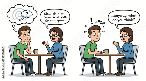 Illustration of a man zoning out during a conversation and being startled when asked for his opinion