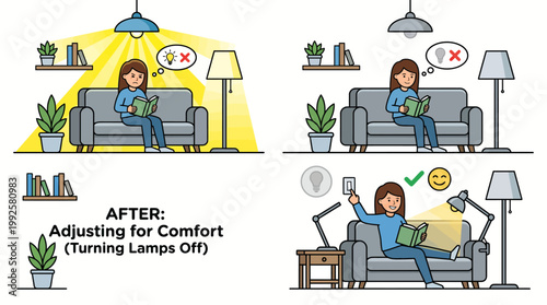 Woman adjusting home lighting for comfortable reading with task lamp illustration