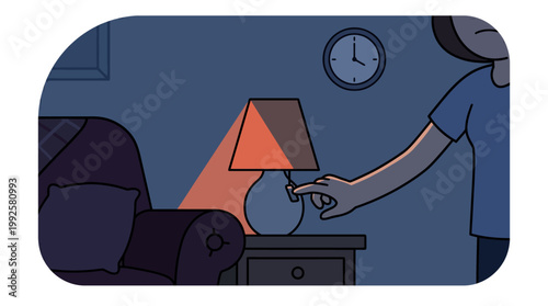 Cartoon illustration of a person turning off a bedside lamp in a dark room at night