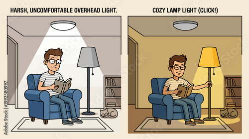 Comparison illustration showing harsh overhead lighting versus cozy warm lamp light in a living room