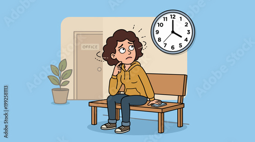 Anxious woman frequently checking the clock while waiting impatiently on a bench
