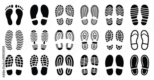 Black silhouette shoe sole prints set, boots, sneakers, and foot imprint icons, isolated footprint collection, modern vector illustration