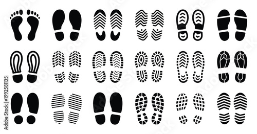 Set featuring black silhouettes of various shoe soles prints, including boots, sneakers, and foot imprints, isolated footprint icon collection, modern flat vector illustration