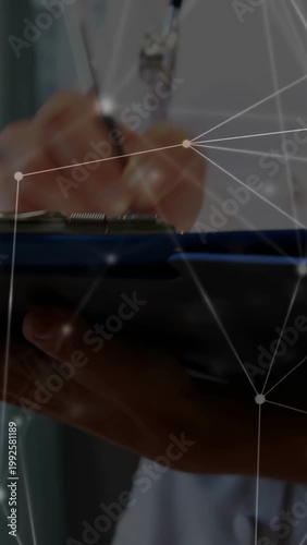 Vertical video: Nurse gripping pen writing on clipboard, network overlay showing medical records