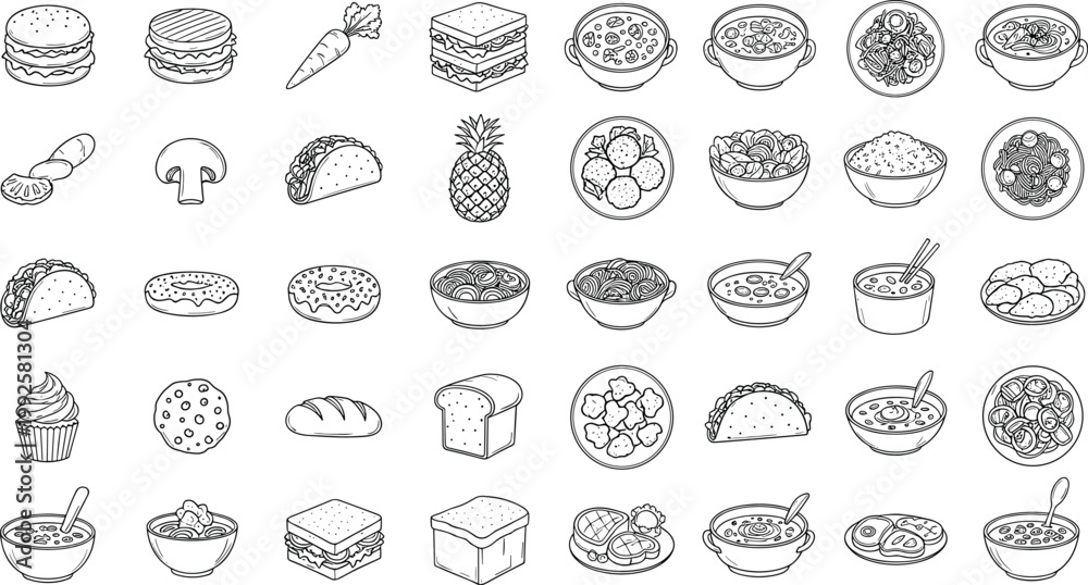 Fototapeta premium Black and White Food Vector Collection Featuring Burgers, Sandwiches, Desserts, Vegetables, and Culinary