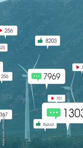 Vertical video: 1 green bubble appearing urging metrics drifting over 2 turbines showing engagement