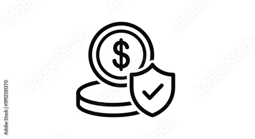 Vector graphic illustration depicting financial security with dollar coins protected by a shield featuring a checkmark, symbolizing safe transactions and guaranteed money.