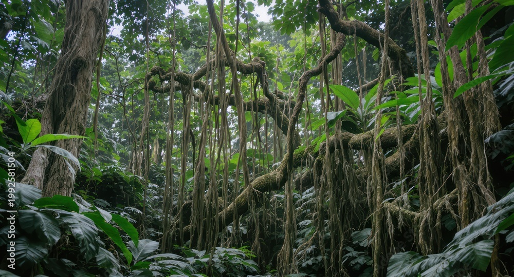 Obraz premium Lush, verdant rainforest scene with hanging vines, large tree branches, and abundant foliage