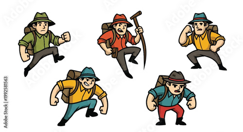 Hiking adventure group isolated cartoon figures in various poses