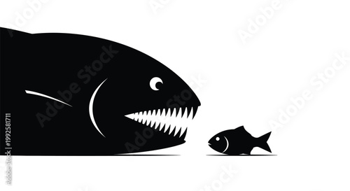 A powerful large vector fish with sharp teeth intimidating a tiny smaller fish in a simplified graphic illustration representing competition and predation dynamics.