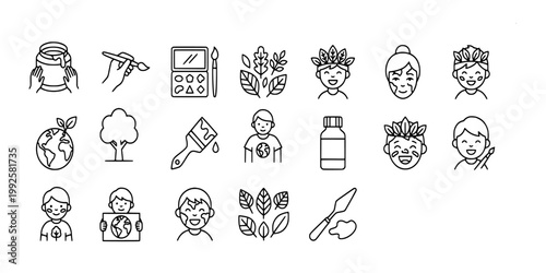 icon set collection of children with face paint, earth day artwork, painting tools, and nature-inspired creativity for environmental celebrations and crafts