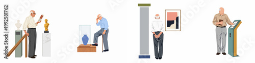 Vector illustration set of elderly men exploring a museum, viewing art exhibitions, sculptures, and interacting with a digital information kiosk.