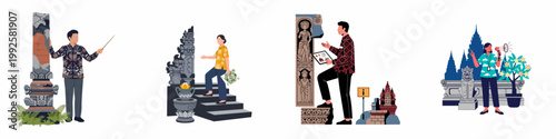 Flat vector set of Indonesian tour guides and visitors exploring historical temple sites, showcasing traditional architecture and cultural heritage tourism.