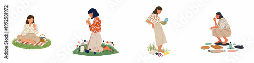 Vector illustration set of young women enjoying outdoor picnics, eating healthy snacks, and relaxing on green grass in a flat modern style.