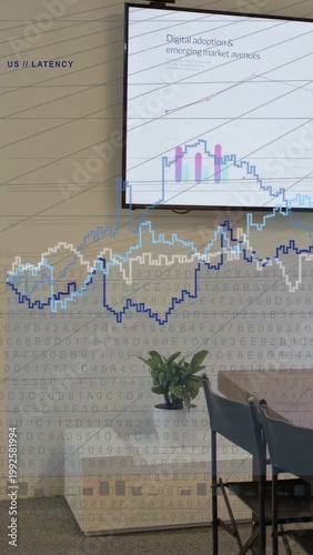 Vertical video: Graph lines spreading over wall and screen after cam sensing slide for business