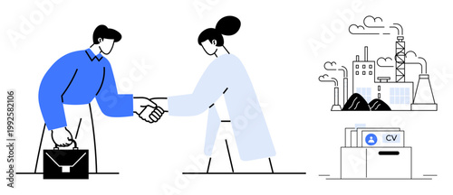 Job recruitment concept. Scene professional handshake, CV documentation, and industrial work environment. Job recruitment in modern industries and HR processes. Ideal for corporate tools, HR