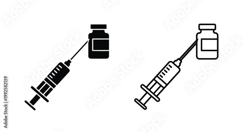 Vector graphic illustration depicting a medical syringe drawing liquid from a pharmaceutical vial, symbolizing vaccination, treatment, and healthcare advancements with essential tools.