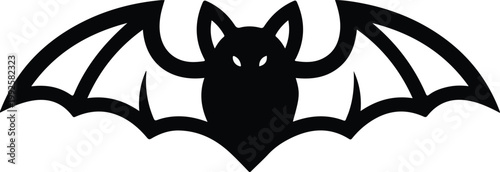 Black bat silhouette icon with spread wings for Halloween or spooky design projects.