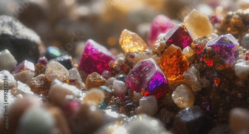 Macro shot of colorful gemstones and sand, illuminated, with various textures and light effects