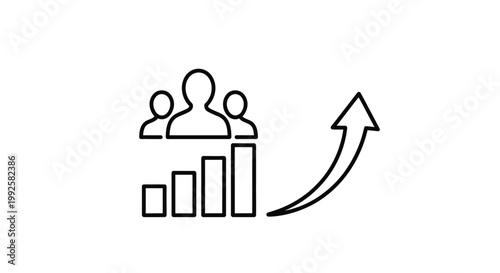 Simple vector graphic illustration portraying team expansion and significant business progress, clearly indicated by growing bar chart data and an optimistic upward-pointing arrow.