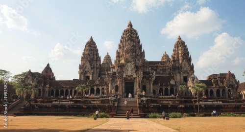 Majestic ancient temple with ornate carvings, ascending steps, under a sunny sky