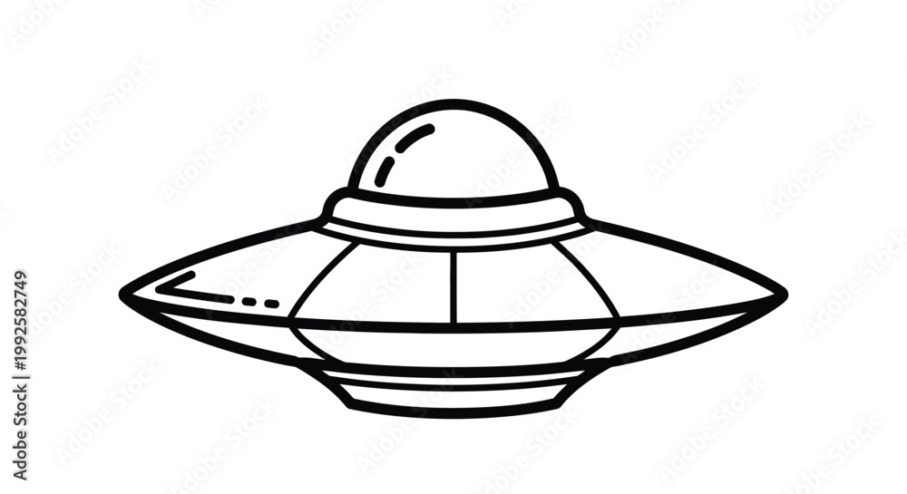 Fototapeta premium Simple minimalist line art vector graphic illustration of a classic flying saucer spaceship designed with clean black outlines for modern creative projects and digital art