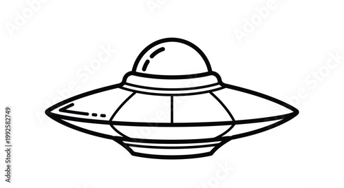 Simple minimalist line art vector graphic illustration of a classic flying saucer spaceship designed with clean black outlines for modern creative projects and digital art