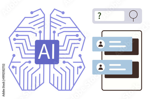 Artificial intelligence, machine learning, chatbot technology, user interface design, virtual assistants, digital interactions. AI circuit and chat interface alongside a search bar. Artificial