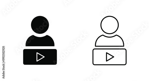 Digital vector graphic illustration showing a simple user icon connected to a play button symbol representing modern video streaming services for web and mobile interfaces
