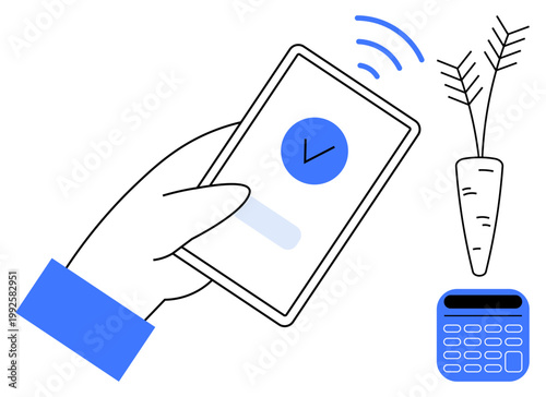 Digital payments, technology use, apps, shopping, food tracking, finance. A hand holds a smartphone with a wireless signal near a carrot and calculator. Digital payments and technology use concept