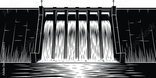Hydroelectric dam vector landscape with powerful water flow through spillways.
