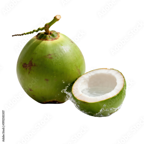 Fresh Green Coconut with Water Splash Isolated on Transparent Background, Generative AI
