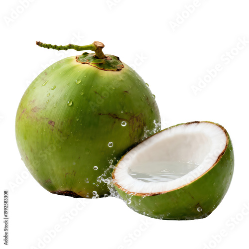 Fresh Green Coconut with Water Splash Isolated on Transparent Background, Generative AI