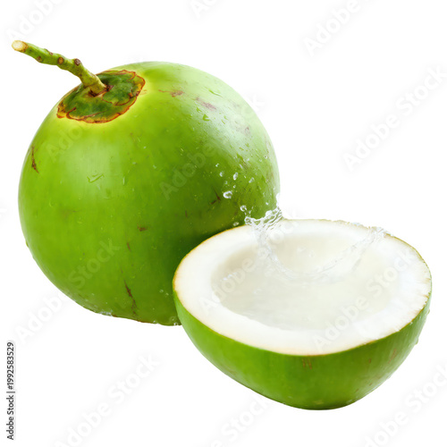 Fresh Green Coconut with Water Splash Isolated on Transparent Background, Generative AI