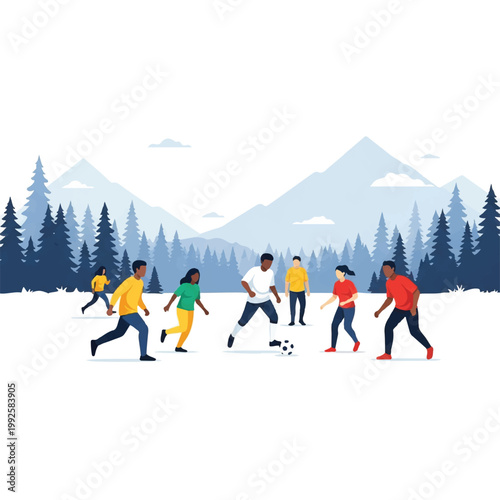 Diverse friends playing soccer in a minimalist clearing surrounded by silhouettes of pine trees and mountains, representing the Canadian landscape, crisp morning air, minimalist flat vector