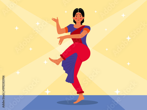 A woman performing Bharatanatyam, a major genre of Indian classical dance originating from Tamil Nadu. India illustrations. Flat vector concepts.