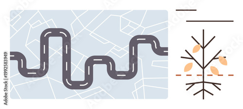 Urban planning, navigation, sustainability, environment design, transport systems, mapping. Winding road over a map and abstract tree diagram. Urban planning and navigation concepts