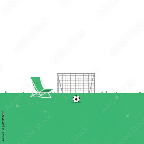 A minimalist backyard scene with a simple soccer goal, a lawn chair, and a soccer ball on a green grass field, suburban lifestyle, peaceful afternoon, minimalist flat vector artwork, clipart