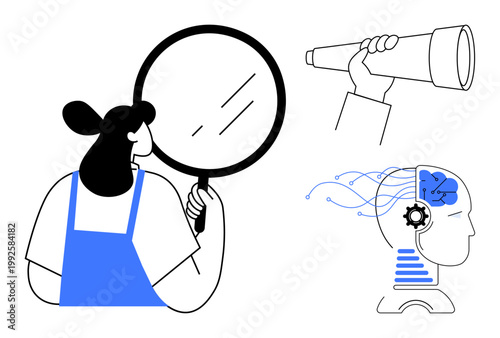 Research, innovation, artificial intelligence, technology analysis, problem solving, future exploration. A woman with a magnifying glass, a telescope in hand and a head with gears. Research