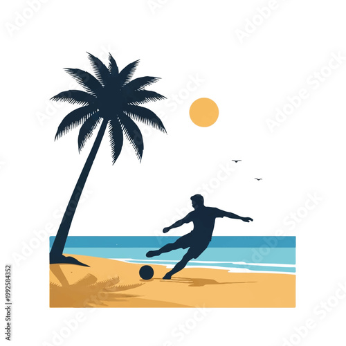 A minimalist silhouette of a player performing a soccer kick on a sandy beach with a single palm tree, coastal vibe, high contrast, minimalist flat vector artwork, clipart style, absolute solid