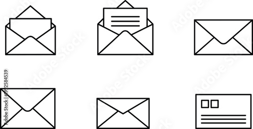 Envelope mail icons set illustration, email message letter collection, communication symbols, postal service concept, outline vector design