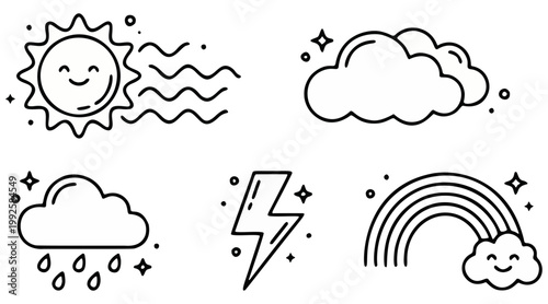 Adorable weather vector illustration collection featuring sun, clouds, rain, lightning, and a cheerful rainbow graphic design elements