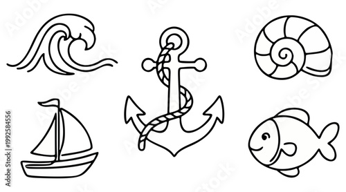 Minimalist hand-drawn vector line art illustration set of charming nautical and marine elements, including a wave, anchor, seashell, sailboat, and fish.