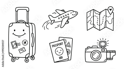 Charming vector illustration set featuring hand-drawn travel essentials like a happy suitcase, airplane, map, passports, and camera ready for adventure.