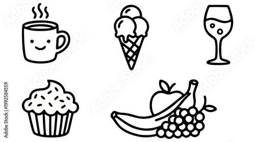 Charming collection of playful food and drink vector icons, illustrating various common culinary items in a simple black outline art style.