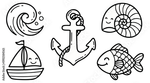 Charming vector illustration featuring a smiling sailboat, playful fish, nautical anchor, cute seashell, and stylized ocean wave.
