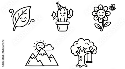Cute hand-drawn nature elements vector graphic illustration set featuring smiling leaf, cactus, flower, mountains, and tree with happy expressions.